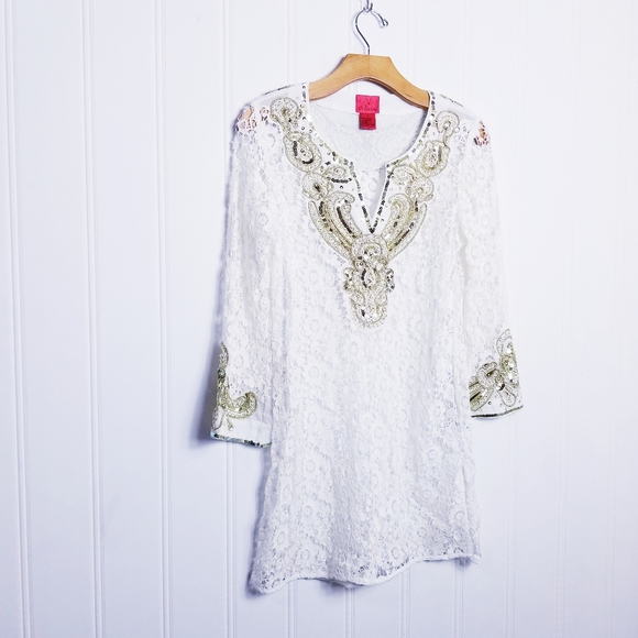 V Cristina Tops - V Christina Embellished Lace Tunic Top